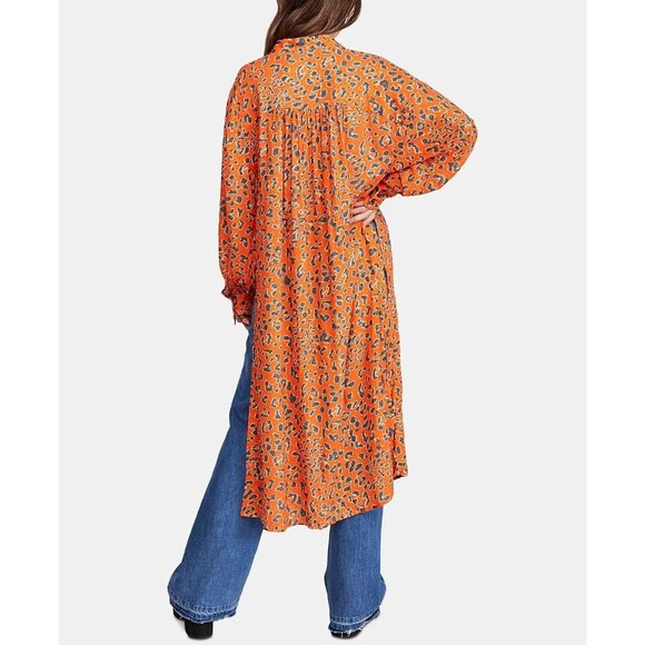 FREE PEOPLE C'est Moi Orange Leopard Printed Long Duster Maxi Blouse Top, Size M - Picture 3 of 15